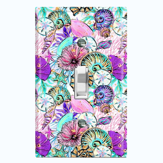 Metal Light Switch Wall Plate Outlet Cover (Sea Snail Starfish Pastel Glitter Reef Bubbles - Single Toggle)