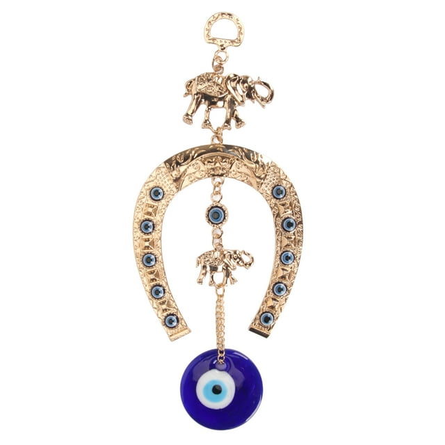 Blue Eye Wall Decor Bring Luck Home Protection Eye Pendant with Golden Elephant Horseshoe for Door Office
