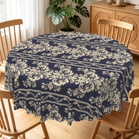 Nanqianyi Navy Blue Damask Round Tablecloth,60 Inch,Stain‑Resistant Waterproof Floral Table Cover for Kitchen Dining Party Decor