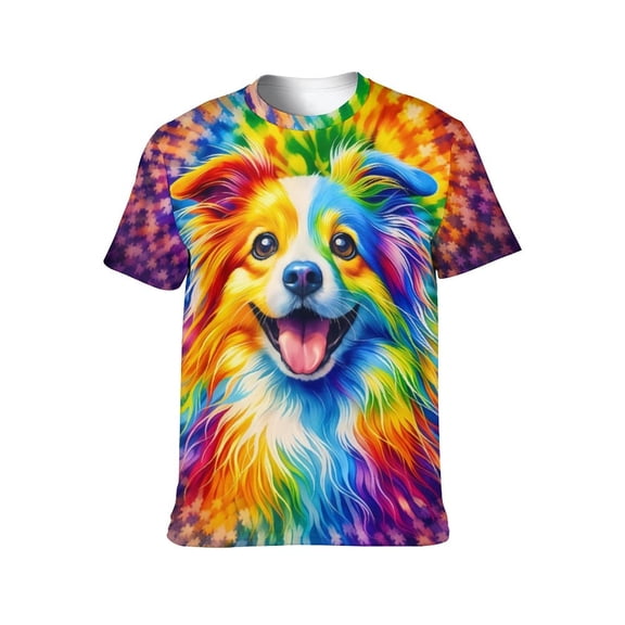 LAOLIUSN Men's Rainbow Dog 3D Graphic T-Shirt, Colorful Puppy Tie-Dye Tee, Stretch Performance Top, XL