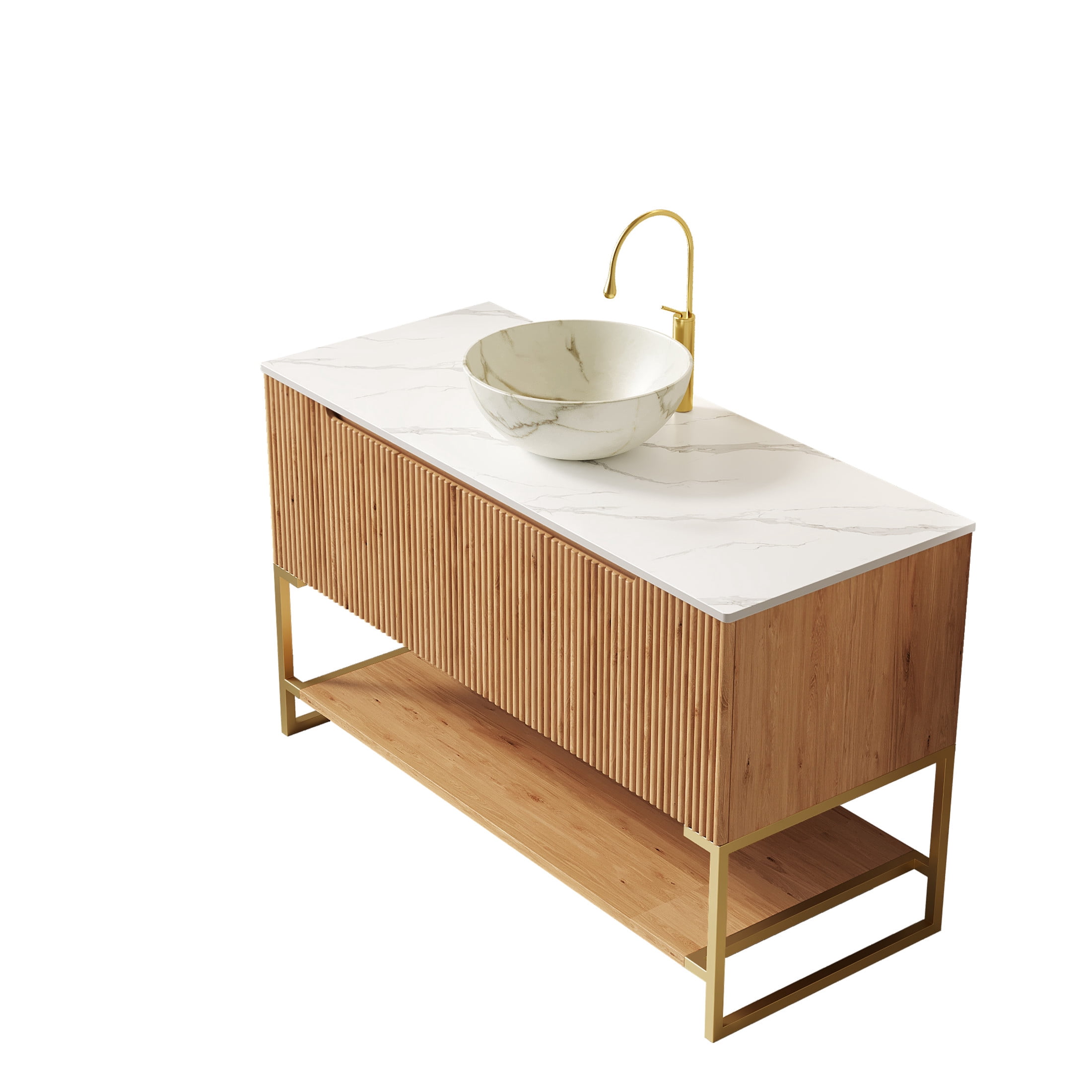 Noble House Tulio 48" Freestanding Bathroom Vanity with Sintered Stone Countertop, Stone Bowl Ceramic Basin, Oak