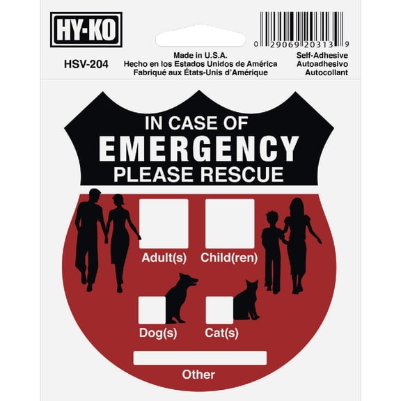 Hy-Ko Emergency Rescue Sign Vinyl - Multicolor, 6 Pack, 4 x 4 In.