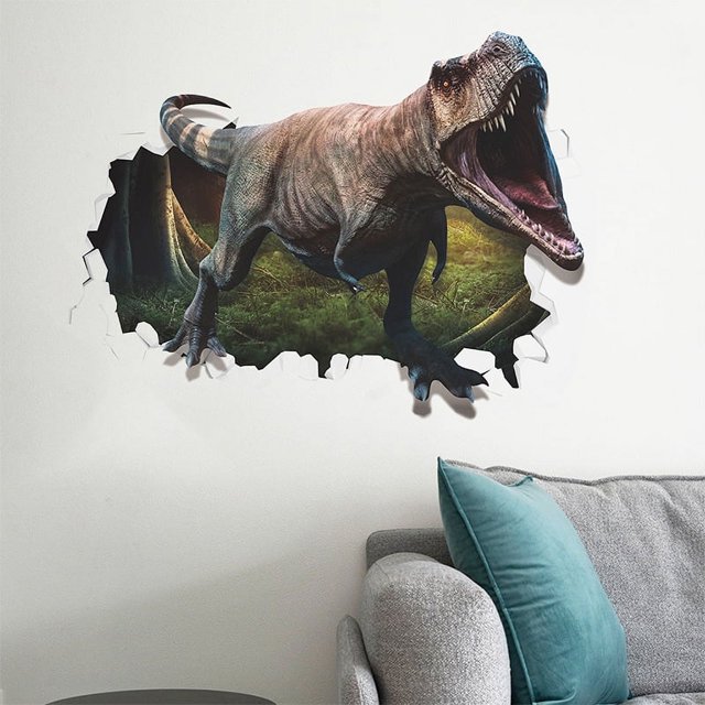 1pc 3D Dinosaur Ripped Wall Bedroom Sticker, Self Adhesive Removable Sticker, Home Decor