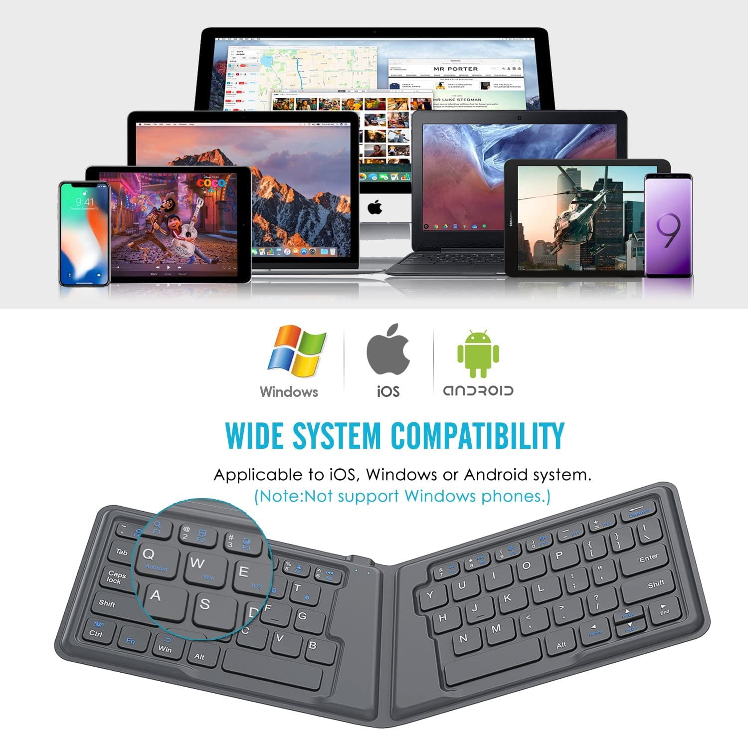 KOMI Foldable Bluetooth Keyboard, Ultra-Thin Folding Rechargeable Keyboard, Portable Wireless Keyboard for Laptop iPhone iPad, Compatible with All iOS Android Windows Tablet Smartphone Devices, Gray