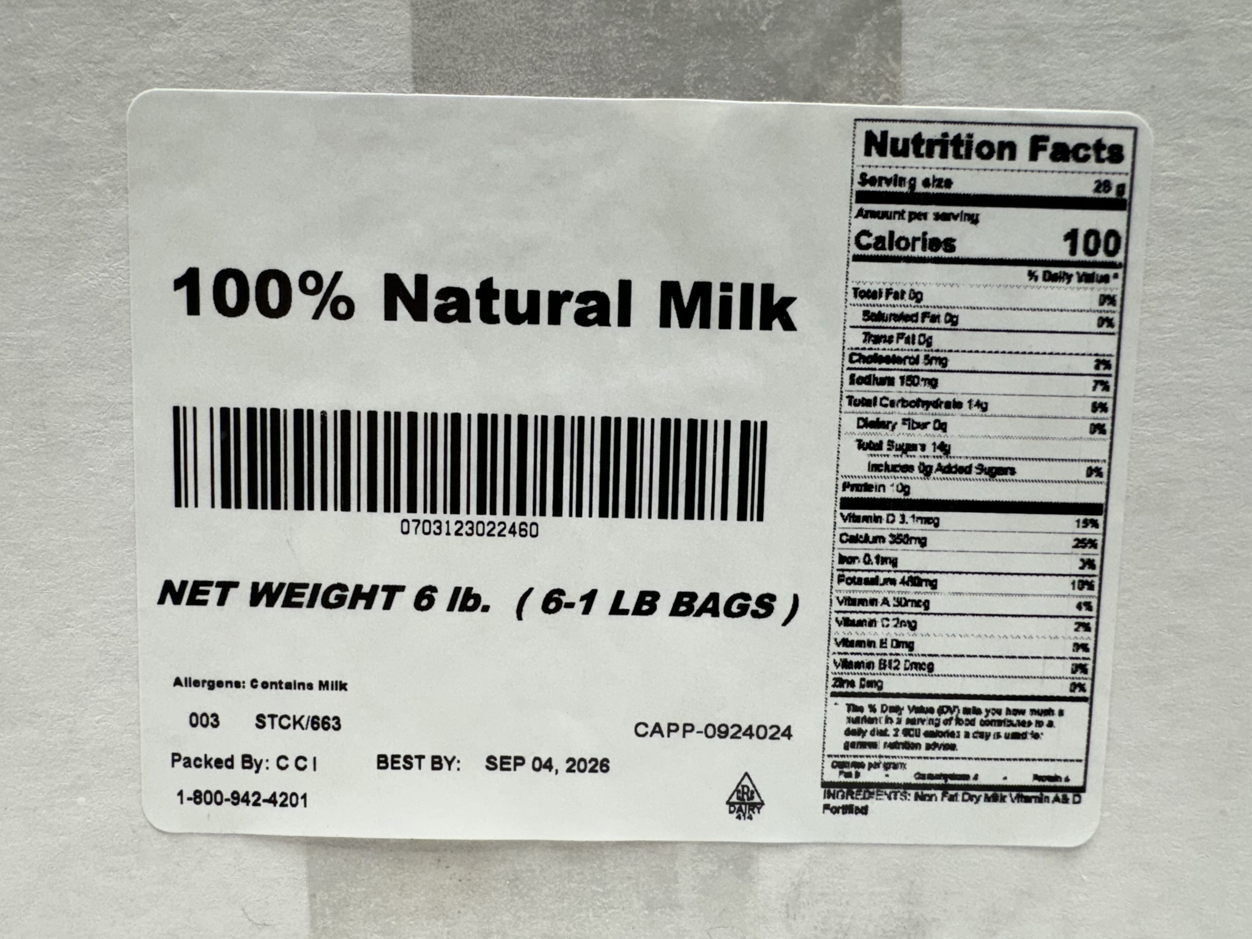 Brickhouse 100% Natural Milk, 6/1LB Bags