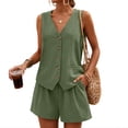 thumbnail image 2 of Women's Summer 2 Piece Outfits Sleeveless Button Down Lined Vest Shorts Matching Sets with Pockets Dressy Casual, 2 of 7
