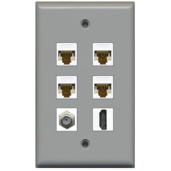 Ultra Spec Cables 4 Port Cat6 Ethernet Coax 1 HDMI Wall Plate Gray w/White Jacks