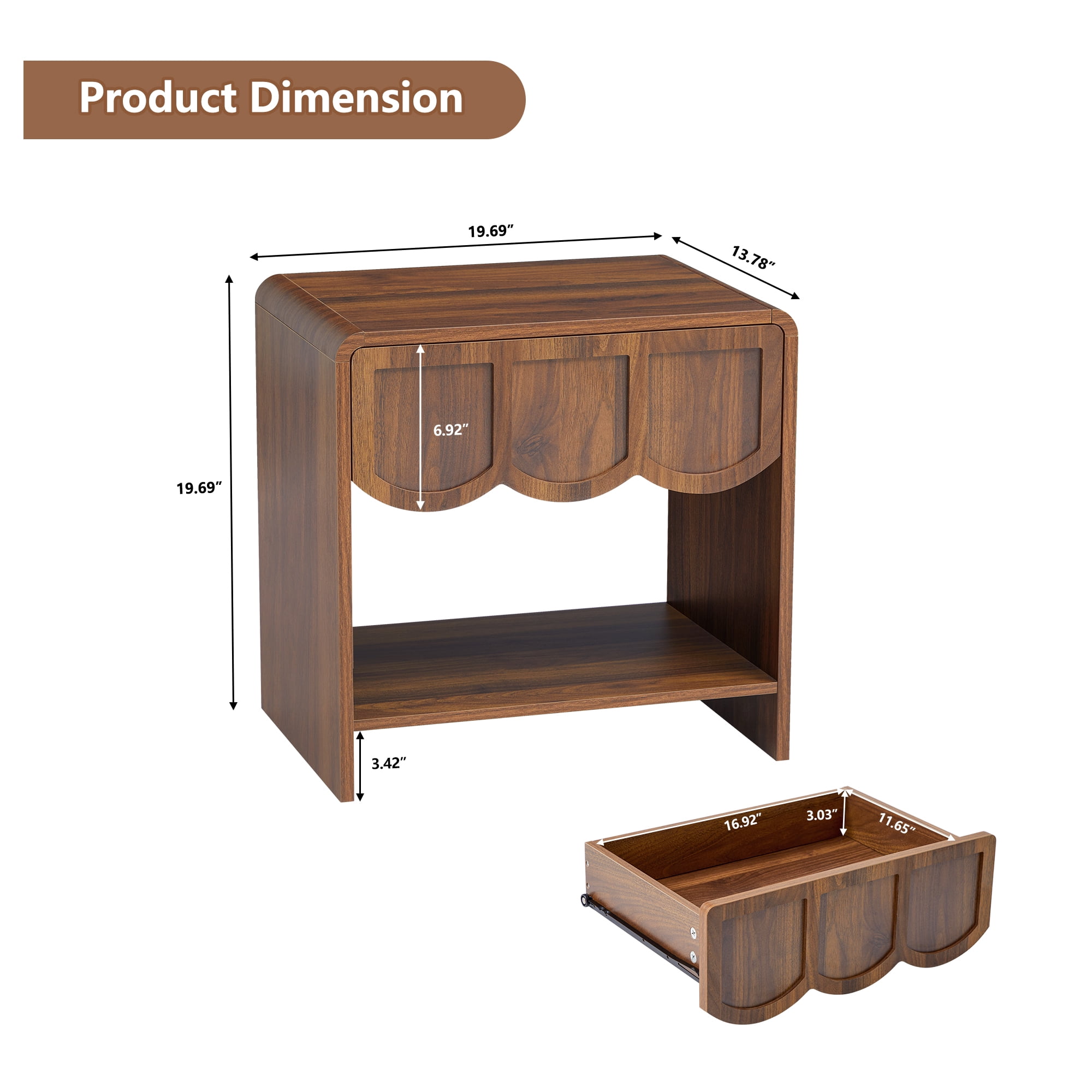 Wirrytor Farmhouse Walnut Fluted Nightstands Set of 2, Mid-Century Chic End Table with Drawer and Open Shelf Storage, Curved Edge Bedside Table for Bedroom Living Room