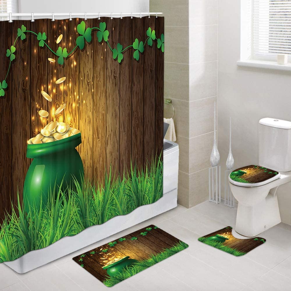 Green Clover Shower Curtain BathMat Toilet Cover Rug Shamrock Bathroom Decor Set 