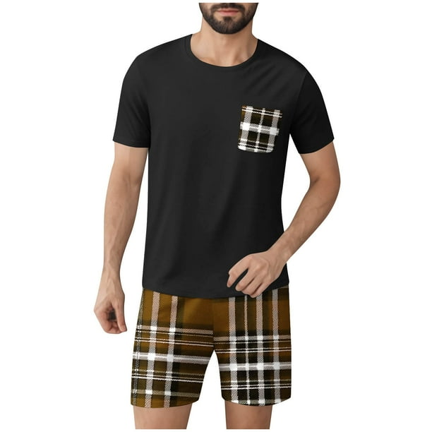 Mangas de Mano para Hombres Plaid Casual Home Sleepwear Manga Corta Cuello Redondo Top Y Pantalones Cortos Set, Algodón Poliéster Sala de Desgaste