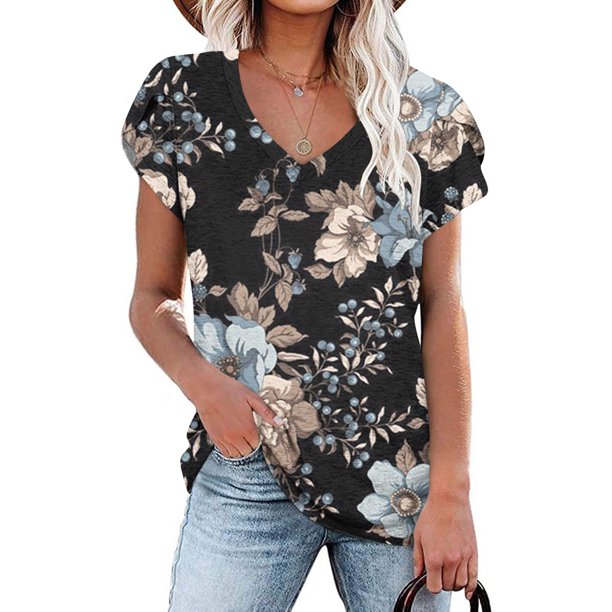 Fiudx Camisas de Mujer Blusa Informal de Manga Corta con Cuello En V y Estampado de Moda para Mujer
