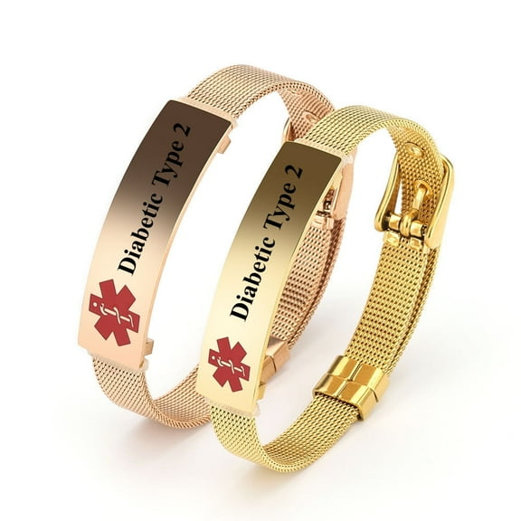 Vagzen Stainless steel Medical Alert ID Bracelet for Men, Engraving Diabetic Type 2, Set of 2