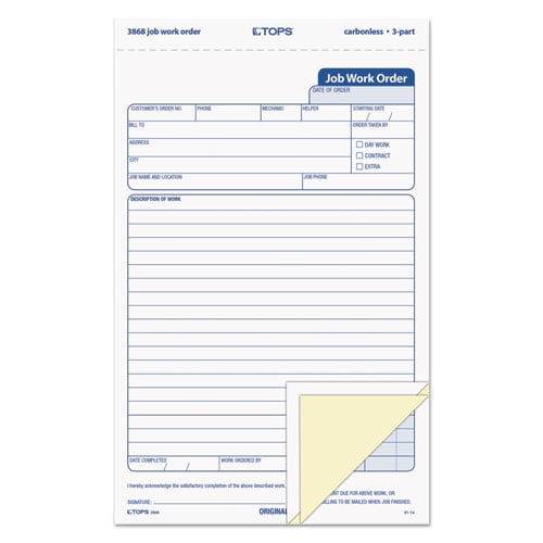 Job Work Order, Three-Part Carbonless, 5.66 x 8.63, 50 Forms Total Job Work Order, Three-Part Carbonless, 5.66 x 8.63, 50 Forms Total