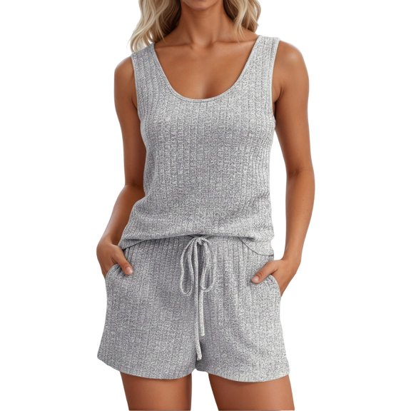 JIAYUE Women's Two Piece Set Casual Scoop Neck Sleeveless Tank Top And Shorts With Pocket Drawstring Solid Color Comfortable Summer Outfit Sets