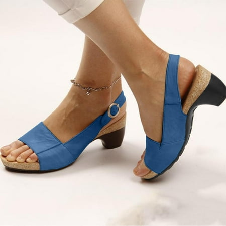 

Aueoeo Sandals for Women Women s Elegant Low Chunky Heel Sandals Summer Thick Heel Open Toe Beach Sandals Pumps Buckle Comfortable Shoes