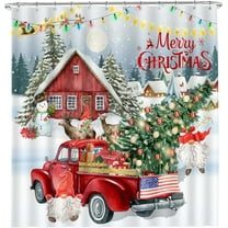 Christmas Shower Curtain, Red Truck Christmas Shower Curtain for Bathroom, Christmas Gnome with Christmas Tree