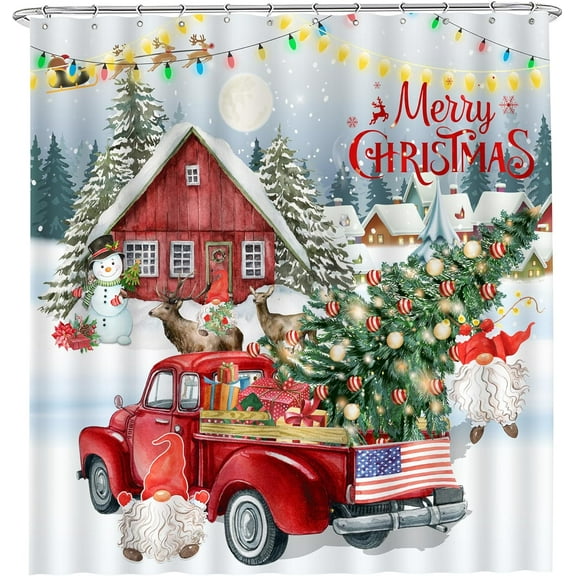Christmas Shower Curtain, Red Truck Christmas Shower Curtain for Bathroom, Christmas Gnome with Christmas Tree