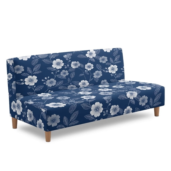 ZIATUBLES Flower Navy Blue Armless Sofa Cover, Stretch Futon Slipcover with Elastic Bottom Dustproof Couch Cover Machine Washable Furniture Protector for Living Room Bedroom
