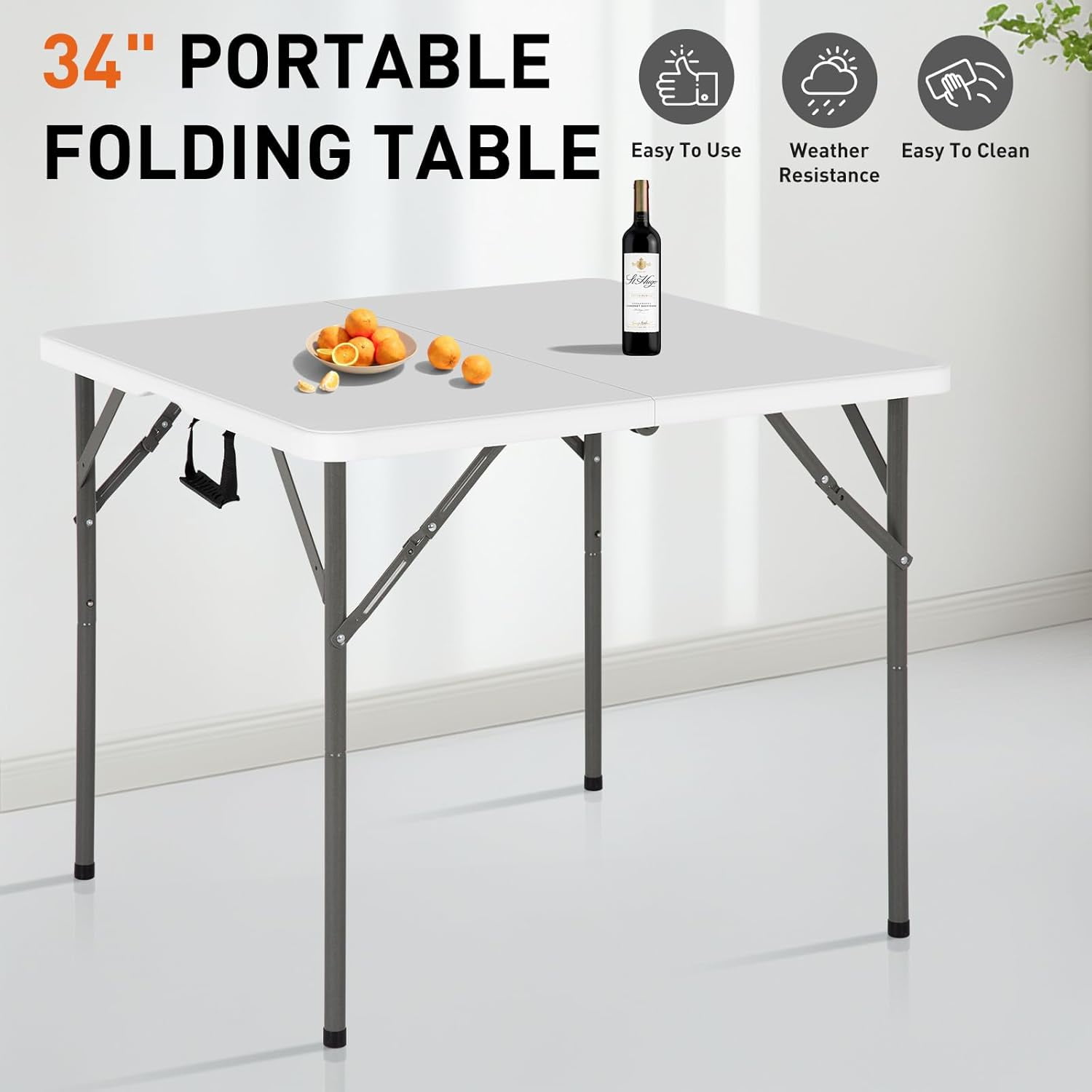 Dkelincs Folding Table 34" Square Card Table Plastic Foldable Portable Table Utility Dining Table for Camping, Party, Picnic, Support 330 lbs(White)