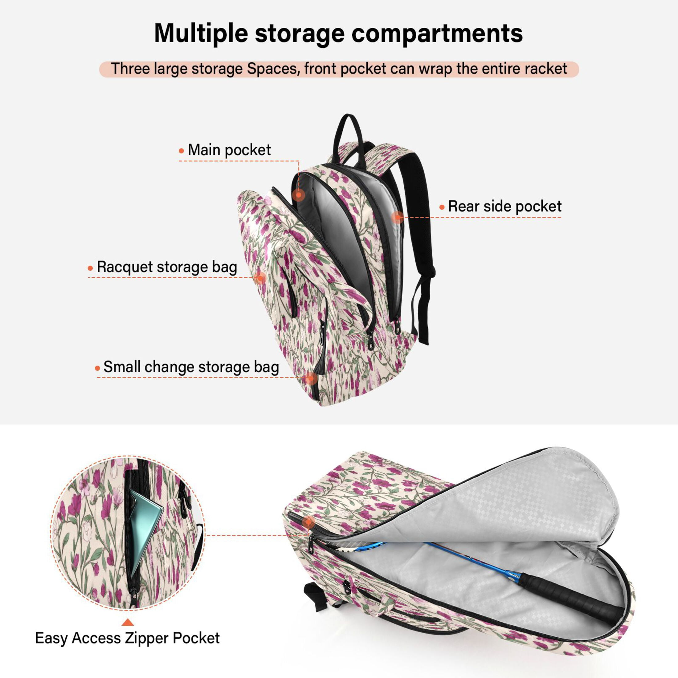 2 Racquet Holder Tennis Backpack Tennis Racket Covers Gym Bags Red-pink Magenta Flowers