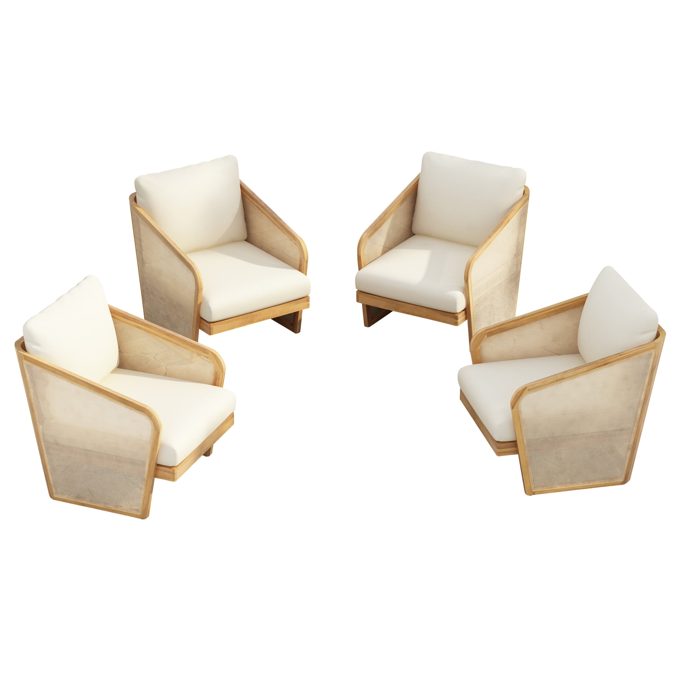 Zephyr Modern Outdoor Patio Mesh Lounge Chair with Cushions, Solid Wood Frame, Beige, Set of 4