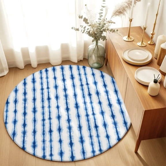 Round Rugs 3Ft, Blue Stripes Round Area Rug Washable Indoor Throw Carpet, Striped Modern Art Farmhouse Small Non Slip Circle Rug for Bedroom Living Room Home Decor Aesthetic