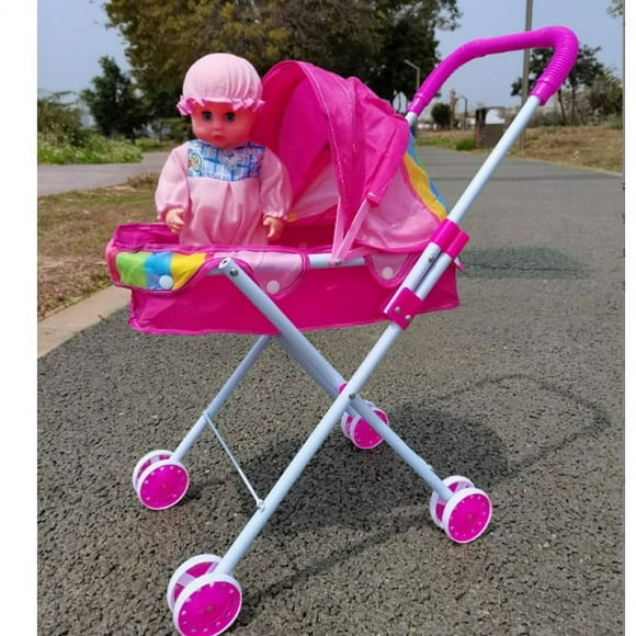 2023 New Reborn Dolls Doll Stroller Baby Doll Stroller for Toddlers and Kids with Doll+Bottle Foldable Doll Stroller