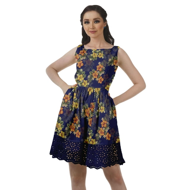 Moomaya Robe Courte de Cocktail en Dentelle, Coton Imprimé, Robe Pouf Décontractée avec Poches