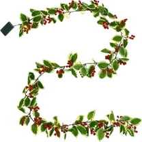 8M Pre-Lit Red Berries & Holly Leaves Garland, Battery Operated With Timer, Festive Ly Feel Indoor Outdoor Xmas Fireplace Gate Home Winter New Year Decor