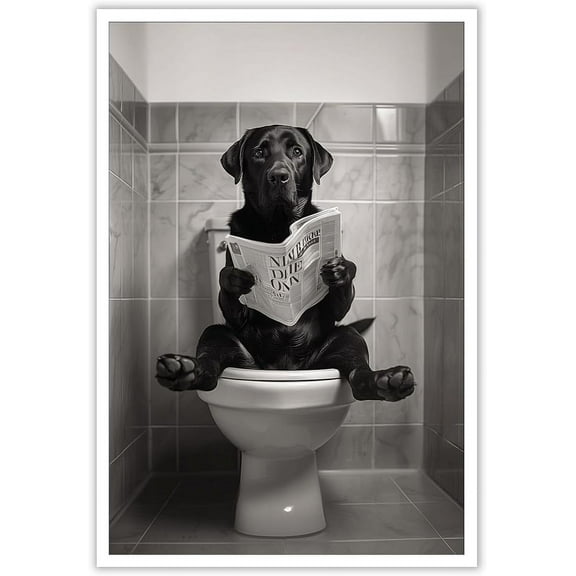 Aaheei Vintage Black Labrador Retriever Reading On Toilet Newspaper Posters Black And White Canvas Wall Art Funny Animals Aesthetic Prints Painting For Home Bedroom Dorm Wall Decor