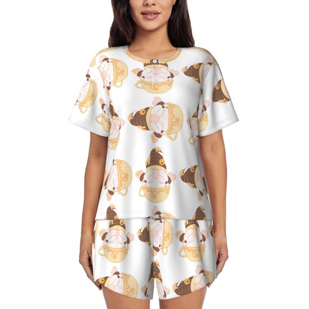 Fotbe Cute Bee Gnome Conjunto de Pijama Estampado para Mujer, 2 Piezas, Ropa de Dormir con Camiseta de Manga Corta y Shorts Suaves-XX-Large