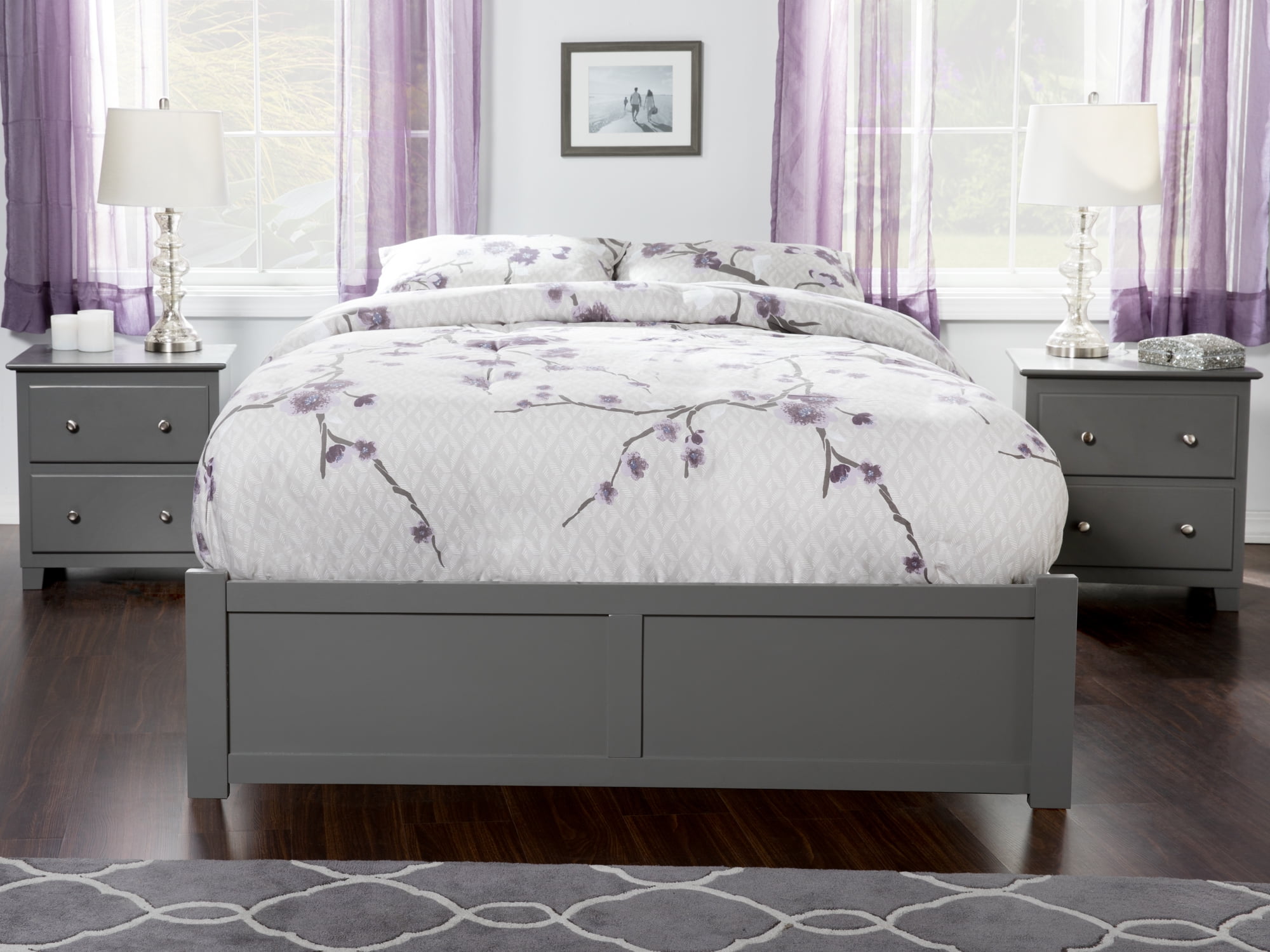 AFI Concord Full Solid Wood Platform Bed with Footboard & 2 Storage Drawers in Grey
