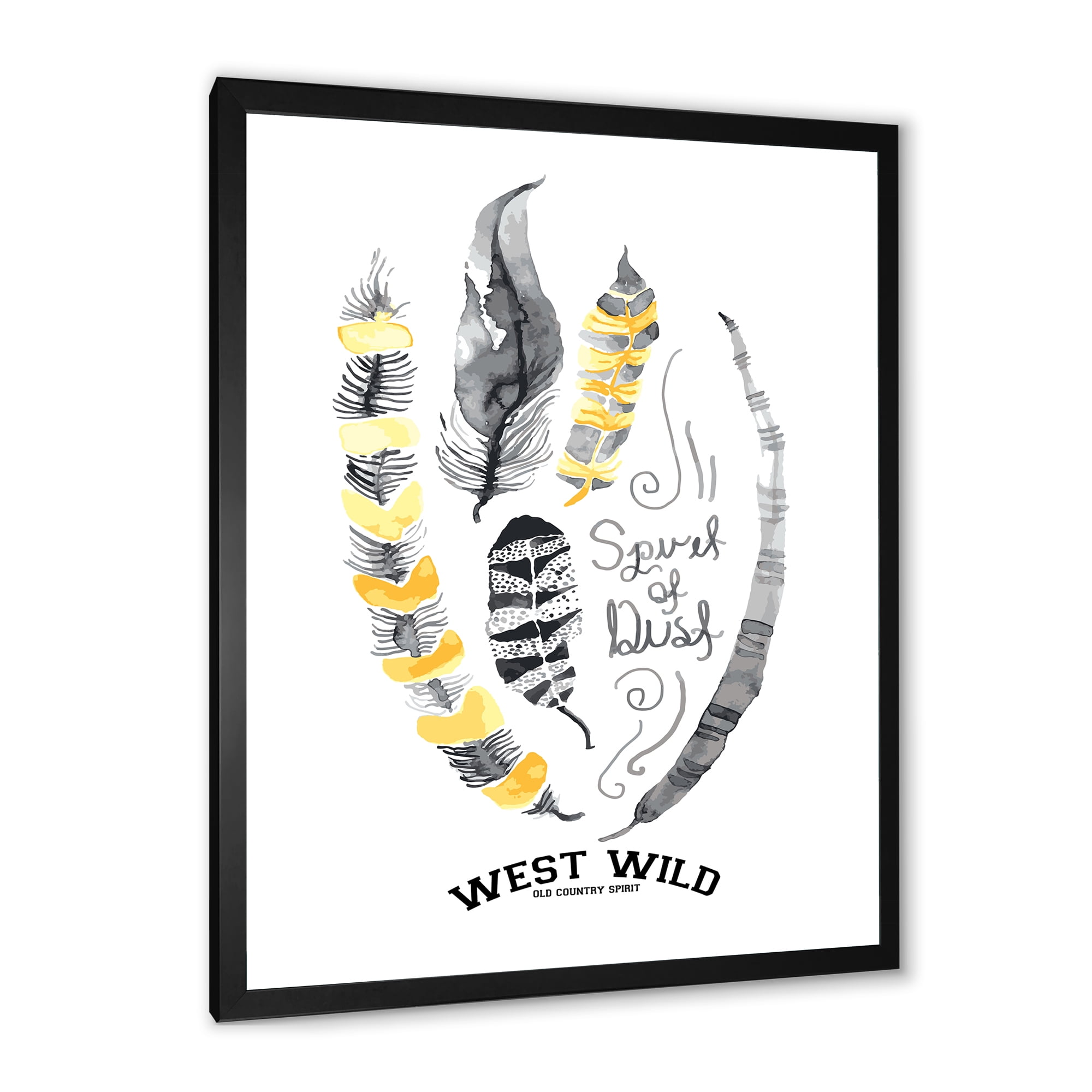 Designart 'Yellow Ethnic Plume Feathers On White' Bohemian & Eclectic Framed Art Print