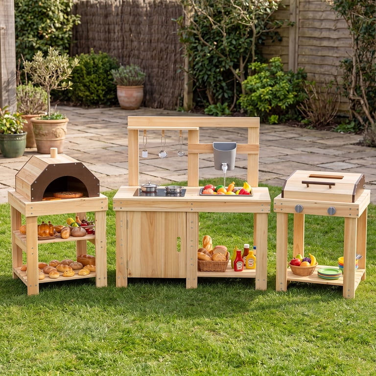 Costway 3-Piece Outdoor Wooden Kitchen Playset Kids Mud Kitchen