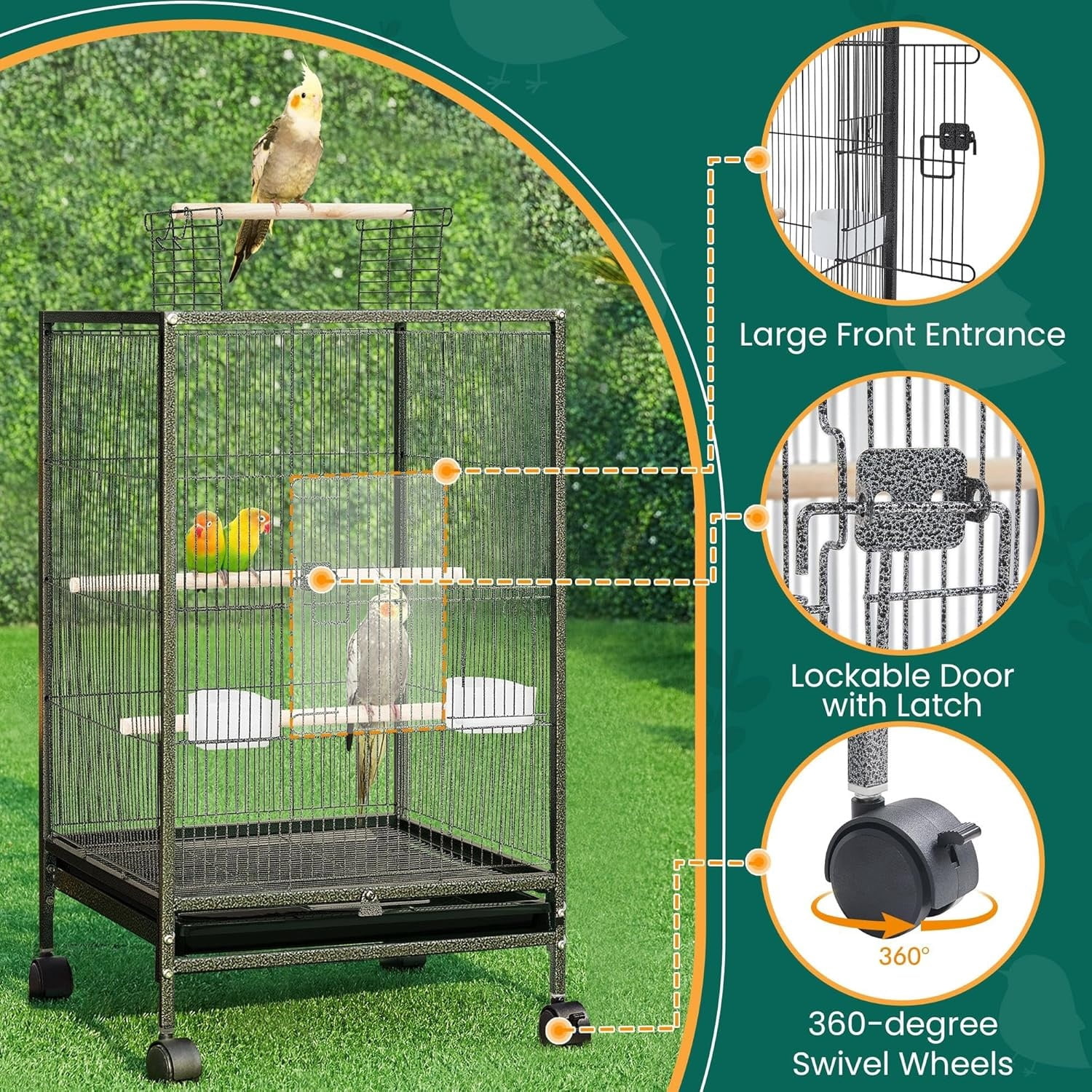 35 inch Wrought Iron Bird Cage w/Play Open Top and Rolling Stand for Small Birds Like Parrots Conure Lovebird Cockatiel Lovebirds Budgies