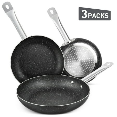 FGY 3 PCS Nonstick Fry Pan Set Stone-Derived Ceramic Coating, Maifan Stone Frying Pans Set Cookware Set of 8