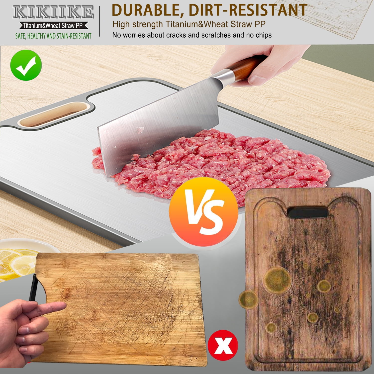 Titanium Cutting Board Double Sided Pure Titanium Cutting Boards for Kitchen, titanium & Wheat Straw PP Food Grade metal cutting board, Non-slip durable and easy to clean