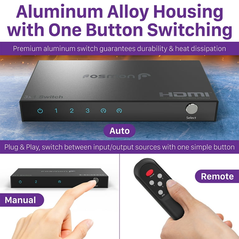 3 in 1 Out HDMI 2.1 Switch 8K@60Hz, 4K@120Hz HDMI Switcher 3 Port, 8K HDMI  Auto Switch 3x1 Selector with IR Remote for Xbox,PS5,PS4,UHD TV, Support  48Gbps, HDCP 2.3,HDR 10+, 1080P@240Hz 