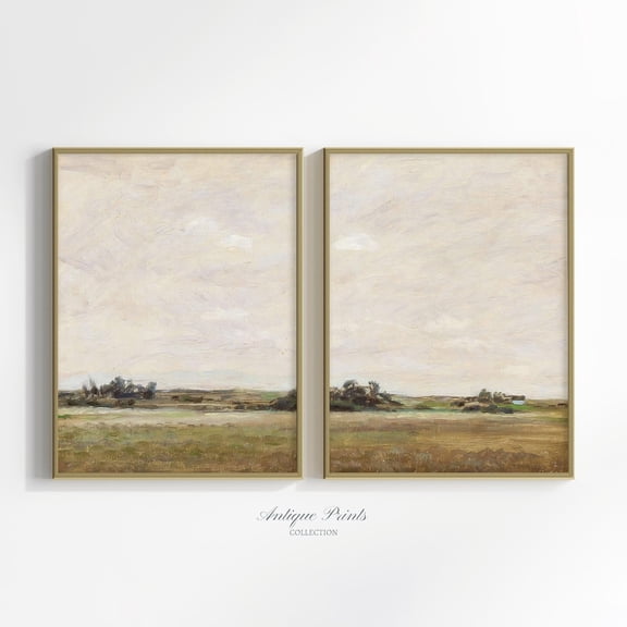 UNFFRAMED Set Vintage Country Landscape, Antique Neutral Rustic 2 Pieces Wall Art, Farmhouse Wall Decor Set 2 Prints 8x12