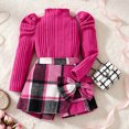 thumbnail image 5 of UAYOTSE Girls Puff Sleeve Knit Top Plaid Skort Set 4T 5T 6Y 8Y High Neck Ribbed Sweater Bow Decor Skirt Shorts Fall Winter Outfit, 5 of 9