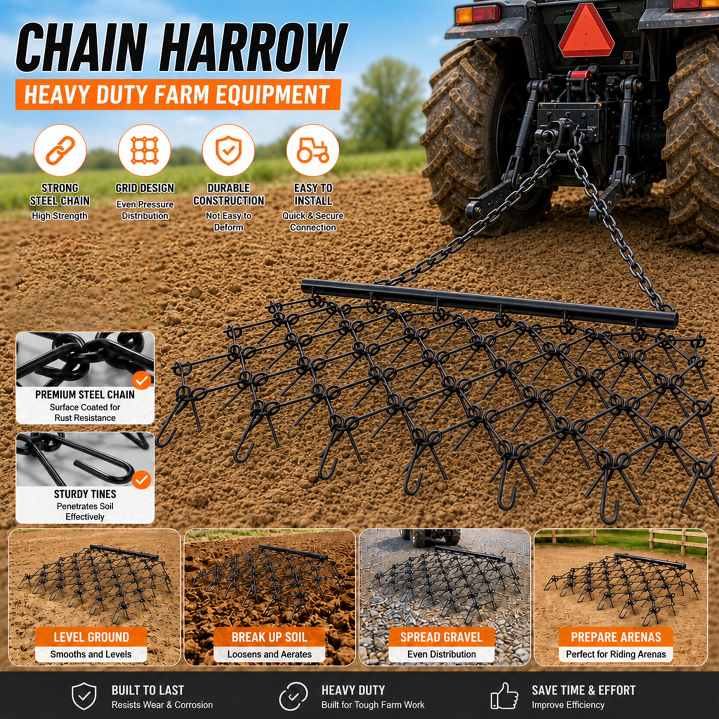 5FT Drag Harrow & Field Leveler, 6 Rows of Teeth, Heavy-Duty Steel, ATV/UTV Towable