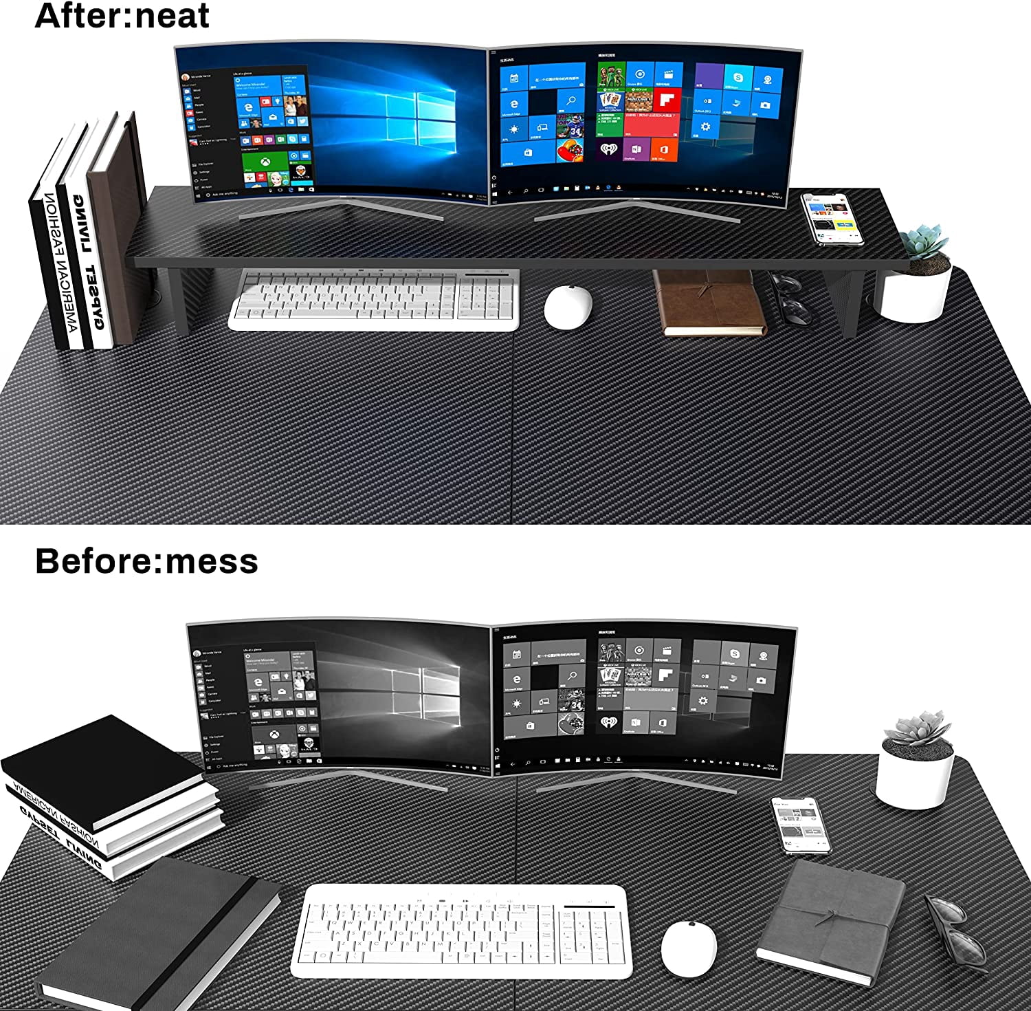 Dual Monitor Stand - Adjustable , Carbon Fiber Computer Monitor Riser for PC Laptop Desktop Organizer (Black)