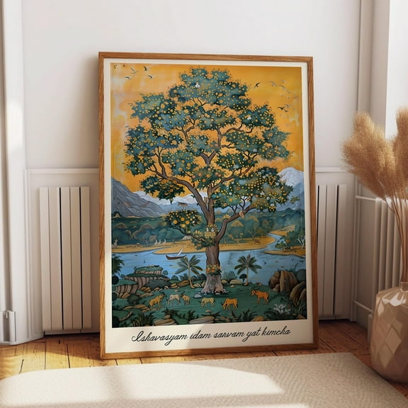 Golden Tree Of Life Wall Art - Indian Pichwai Art Poster Spiritual Indian Artwork Meditation Room Decor Wall Art, Modern Wall Decor, 8x12 UNFRAMED