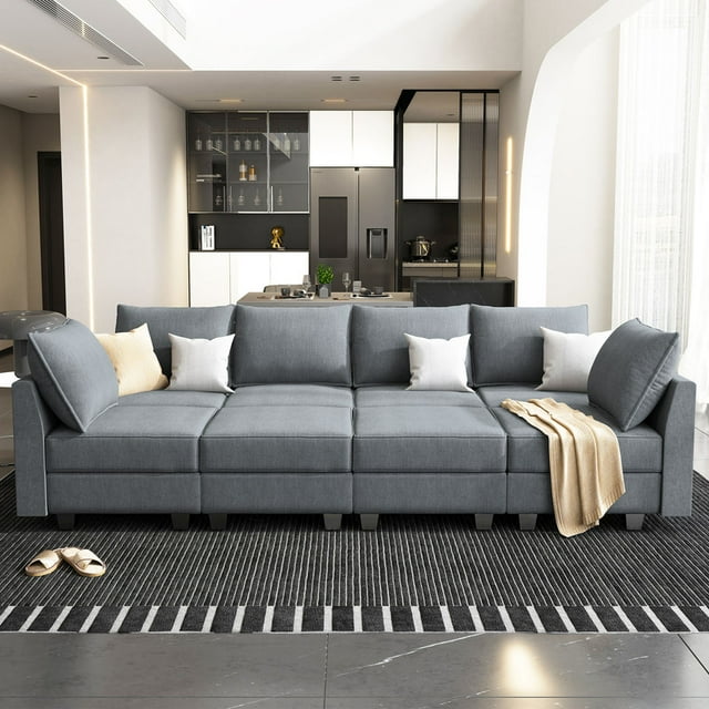 HONBAY Canapé Sectionnel Convertible Surdimensionné avec Lit, Sièges de Rangement et Ottomans pour Salon, Gris Bleuâtre