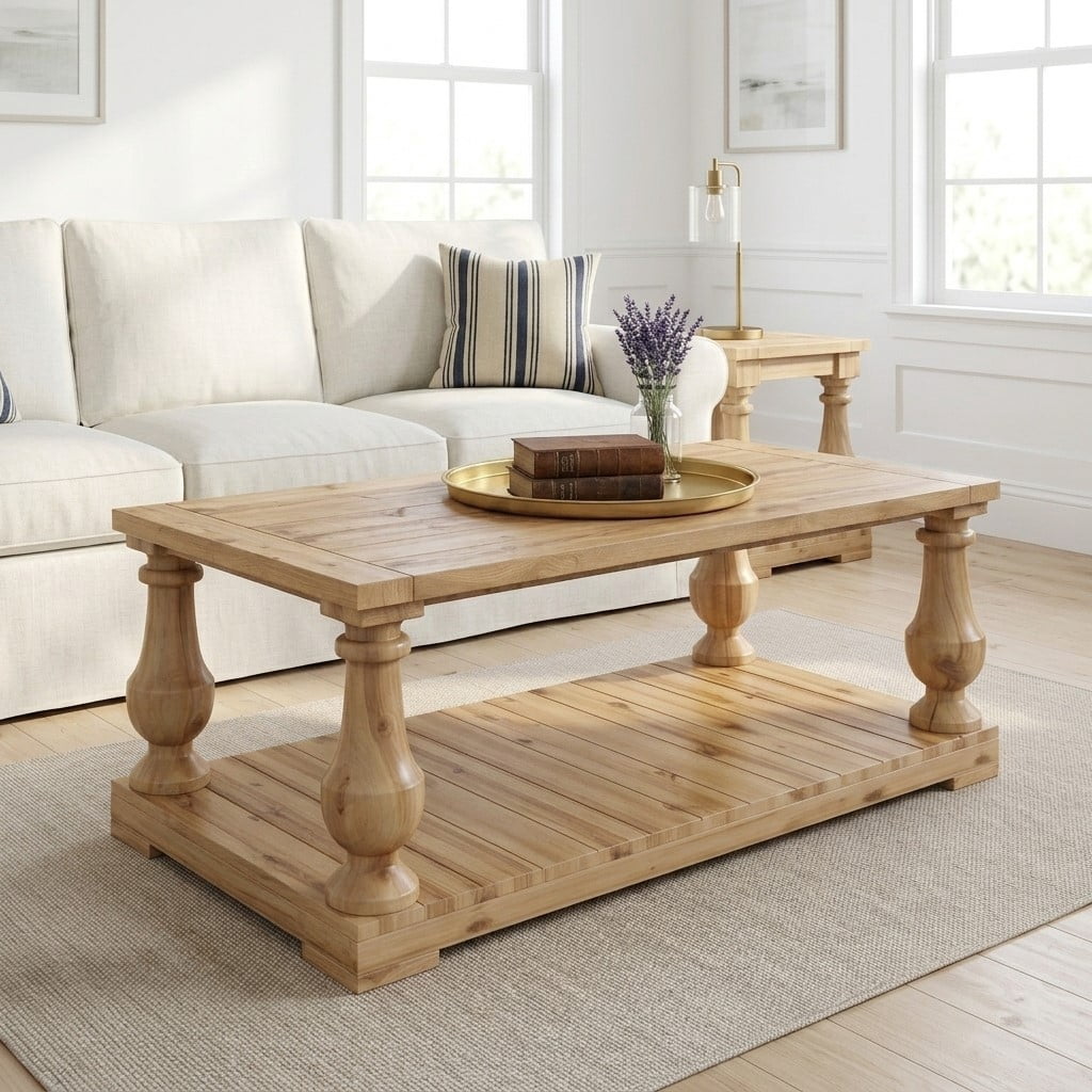 GARITIN Farmhouse Coffee Table with Storage Shelf, Solid Wood Turned Legs, 2-Tier Rustic Wood Center Table for Living Room, Natural