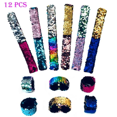 - 12 PCs Reversible Sequins Slap Bracelets for Girls Kids - Mermaid Theme Snap Wristbands Bracelet Pack - Great Party Favors