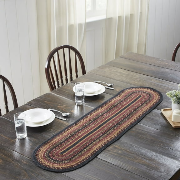 VHC Brands Heritage Farms, Braided Jute Table Runner, Oval, Red Black Tan. 13x48