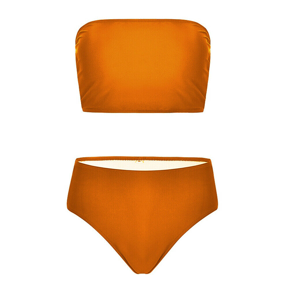Elegant Swimsuits Women Bikinis Solid Color Boob Tube Top + Swimming Trunks Bikini High Waist Swimsuit Ladies(Orange/L) - image 5 of 7