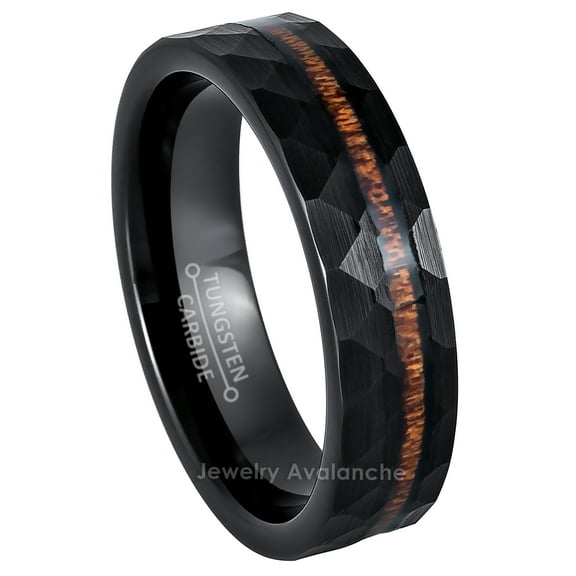 6mm Hammered Faceted Black IP with Hawaiian Koa Wood Inlay Tungsten Carbide Wedding Band Engagement Ring Comfort Fit - #961PLs8