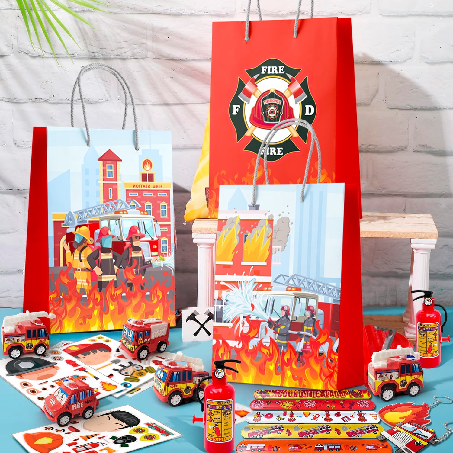 72pcs Firefighter Birthday Party Favors,Fire Truck Party Favors Set- Firefighter Party Stickers Slap Bracelets Keychains etc Firefighter Themed Party Favors for Firefighter Party Decorations Supplies